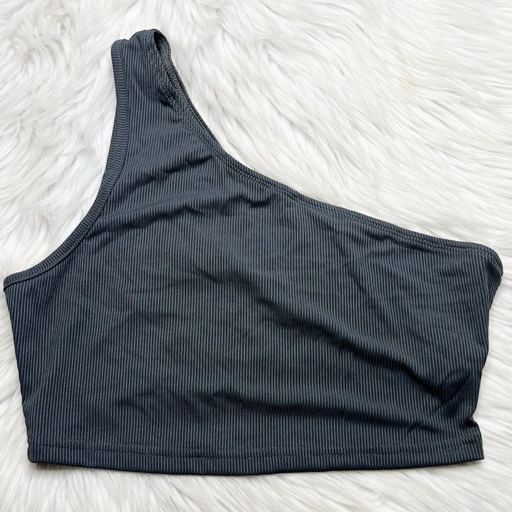 Verdusa One Shoulder Ribbed Crop Top Grey size Small